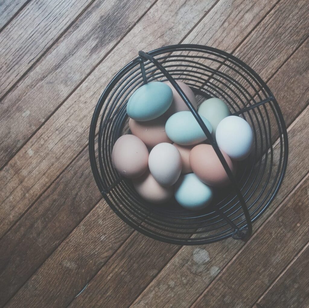 Easter eggs in a wire basket