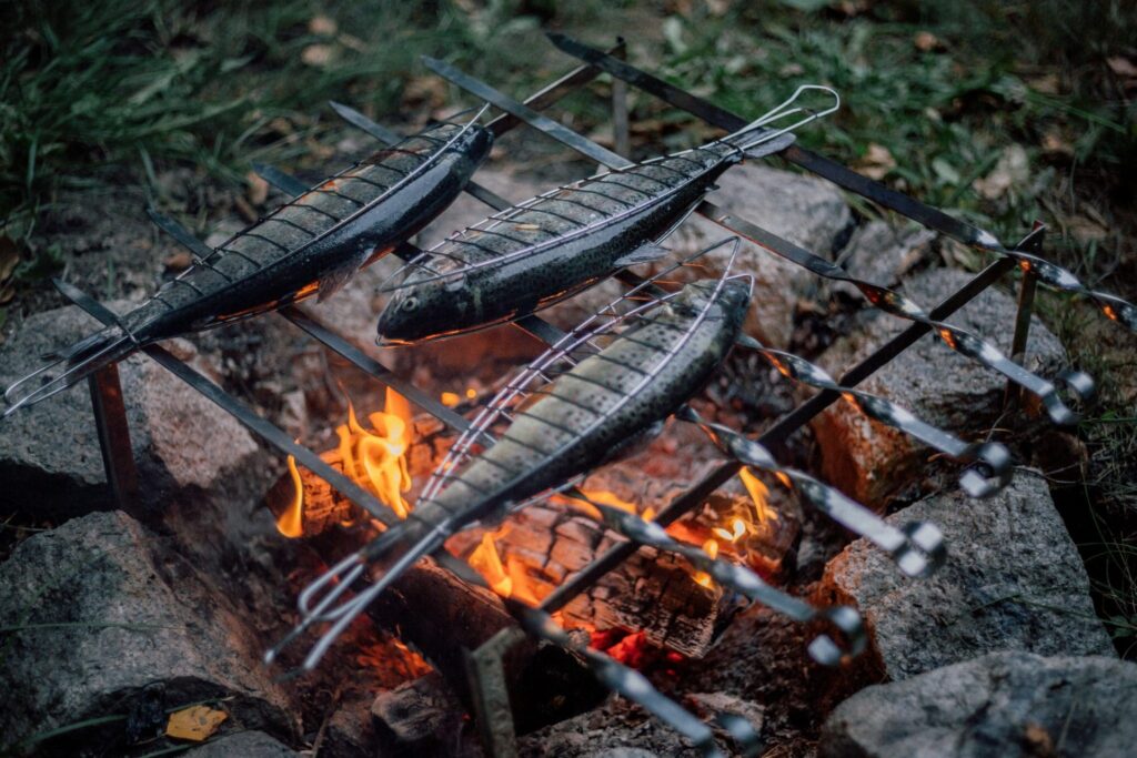 Grilled fish over a campfire.