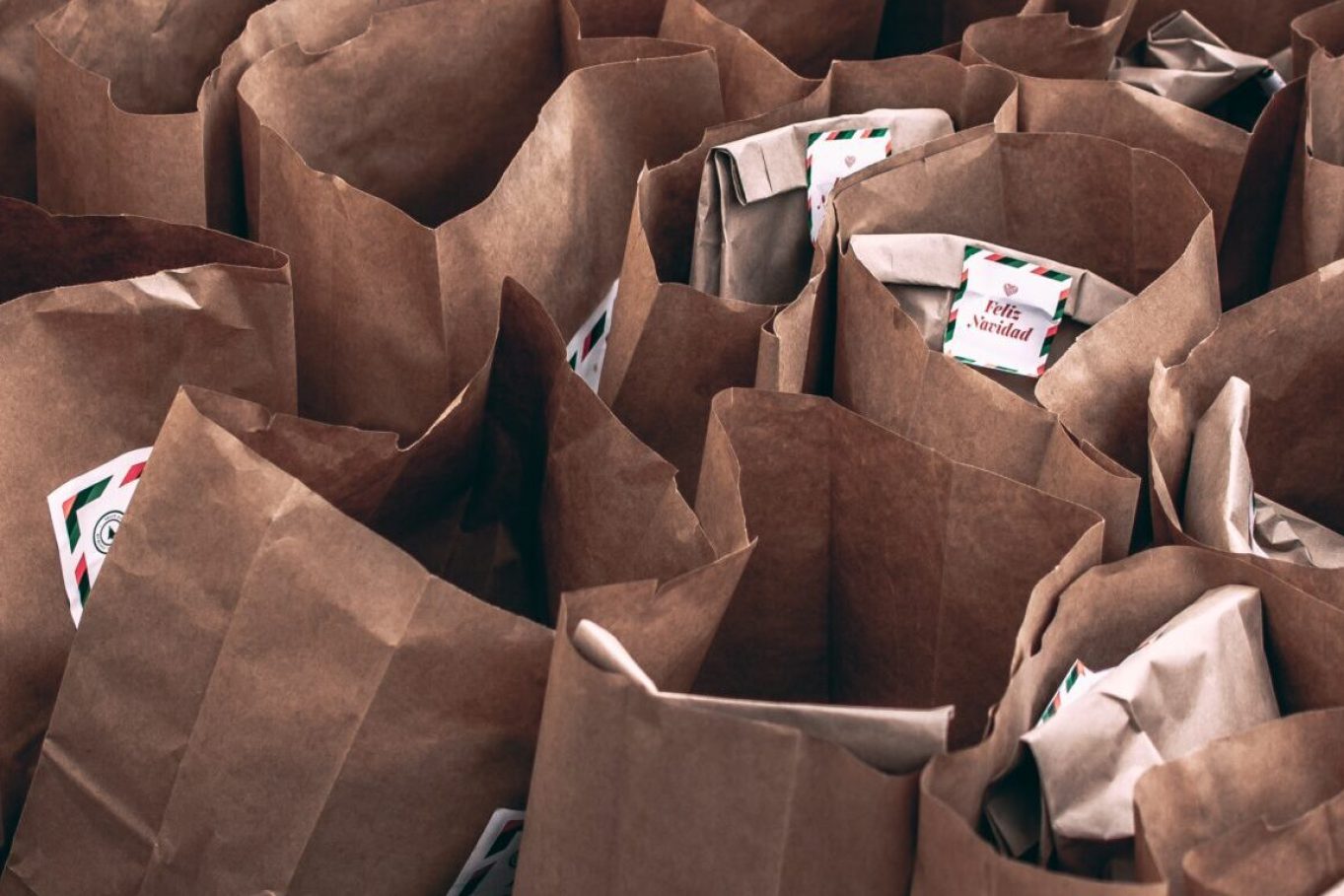 Paper bags filled with food at a food bank. Image by Claudia Raya on Unsplash.